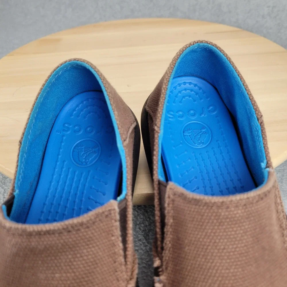 Crocs Santa Cruz Kids Brown Canvas Slip On Loafers Shoes 15576 Size J2‎